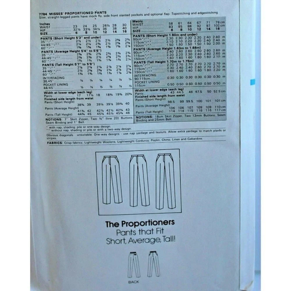 Vogue 7784 Sewing Pattern Proportioned Pants Size‎ 8 Vintage